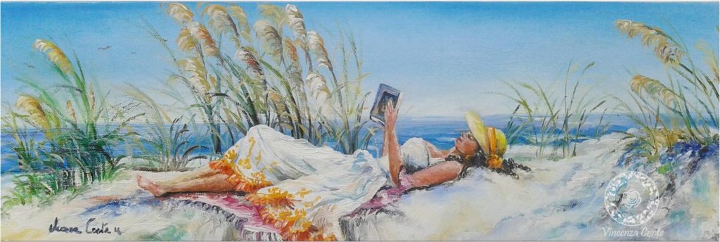 pittura ad olio - ragazza in lettura sulla spiaggia